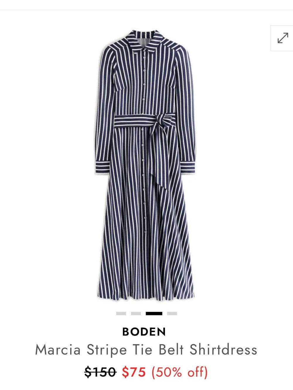 Boden Navy and White Vertical Stripe Tie-Waist Shirtdress